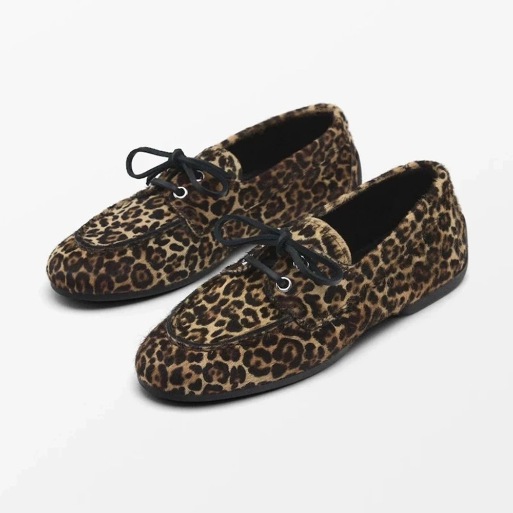 Massimo Dutti Women's Leather Fashion Round Toe Leopard Print Lace-up Loafers